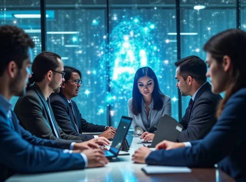 A diverse group of professionals collaborating around a table, with a holographic AI symbol visible in the background.
