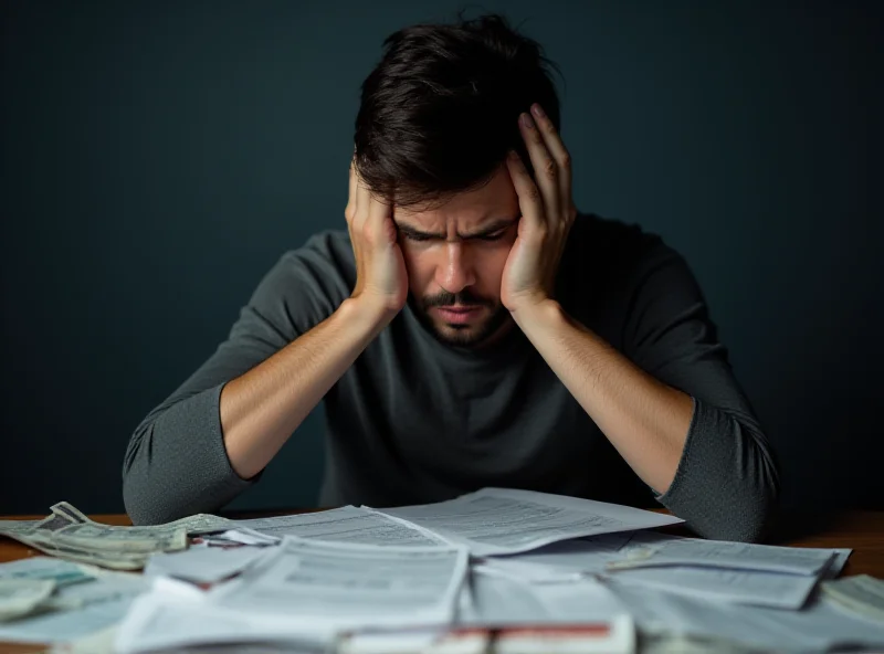 A person looking stressed while reviewing financial documents.
