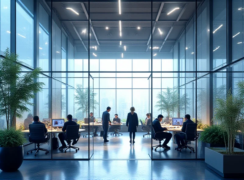 Architectural rendering of a modern digital hub with glass walls and co-working spaces.