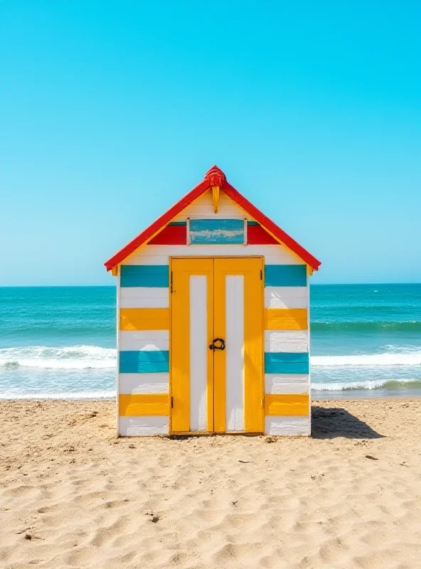 A brightly colored beach hut on a sandy beach with the sea in the background.