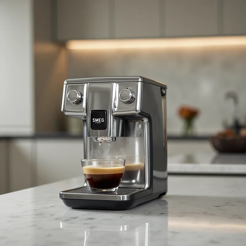 A sleek Smeg coffee machine on a kitchen counter with a cup of coffee being poured.