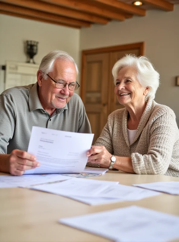 Senior couple smiling while reviewing their finances.