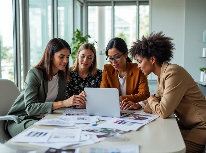 A diverse group of professional women in a modern office setting, collaborating on a project