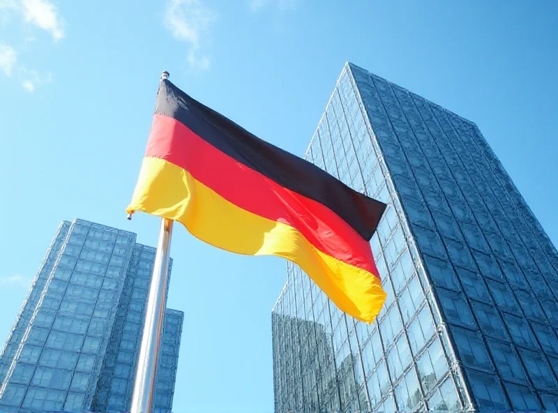 German flag waving in front of a modern financial district