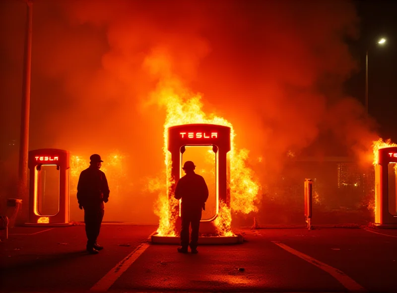 A Tesla Supercharger station engulfed in flames with smoke billowing into the air.