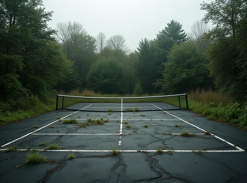 A run-down tennis court with overgrown weeds, symbolizing the potential impact of rental disputes on recreational facilities.