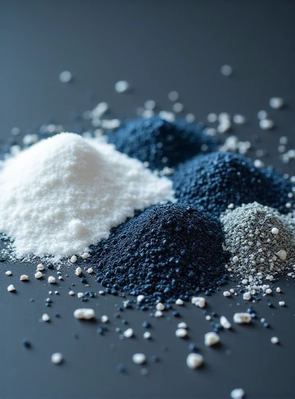 Close-up shot of various raw materials including lithium, cobalt, nickel, and titanium.