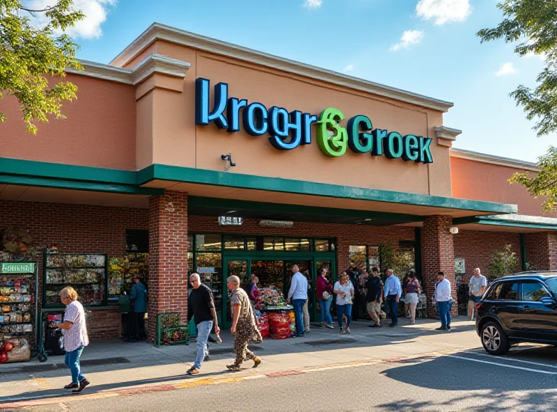 A photo of a Kroger grocery store exterior, with shoppers entering and exiting. The Kroger logo is prominently displayed.