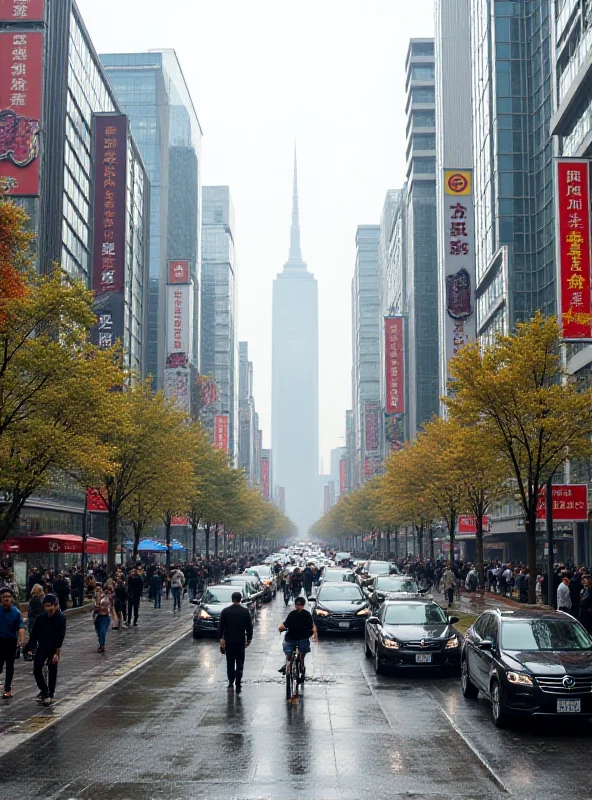 A bustling street scene in Beijing, China, with modern buildings in the background and people shopping and commuting. The scene represents economic activity and growth.