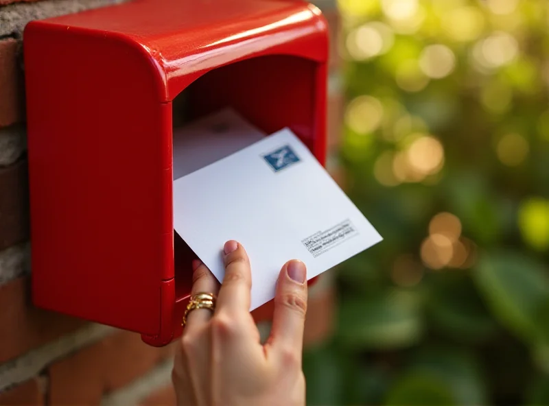A close-up of a hand placing a letter in a traditional red Danish mailbox.