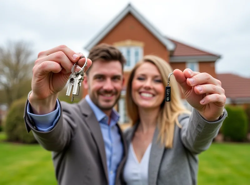 A young couple celebrating with keys in front of a new home in England.