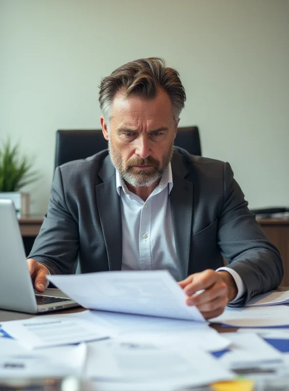 A concerned-looking business professional reviewing documents at their desk.