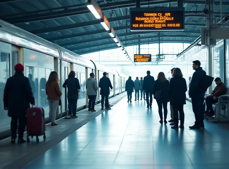 A modern train station platform with passengers waiting for a train.