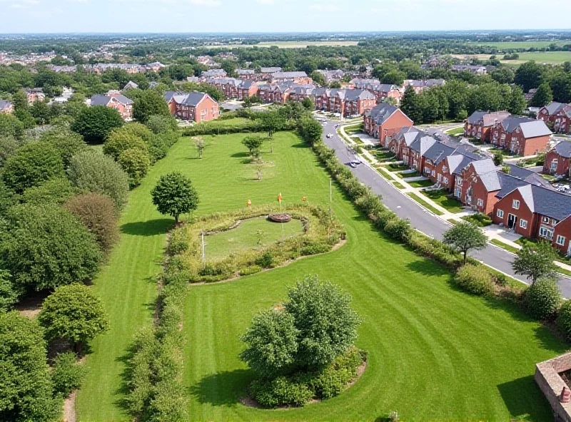 An aerial view of a new housing development with modern houses and green spaces, located on the border between Stockport and Cheshire.