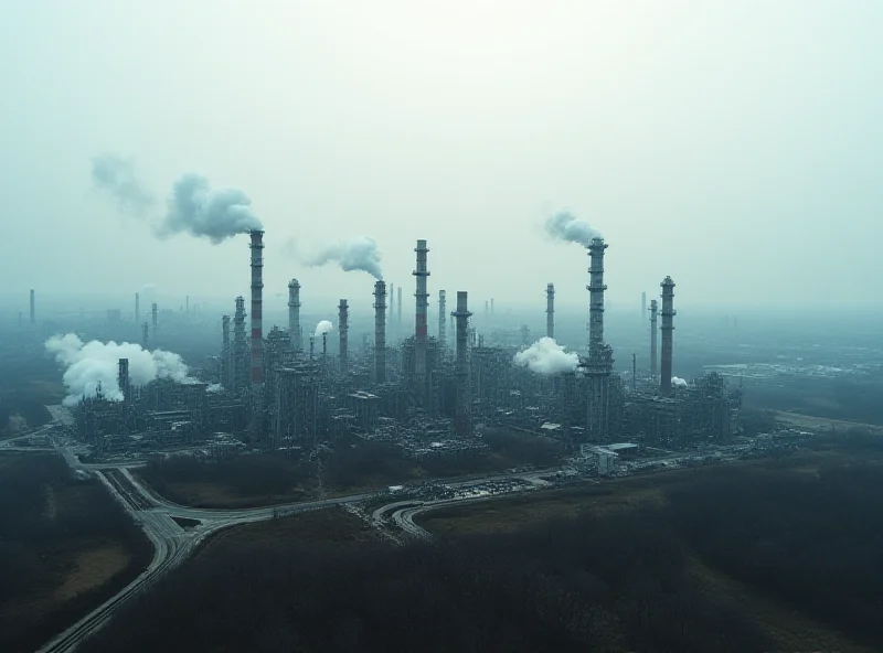 Aerial view of an oil refinery with visible CO2 emissions