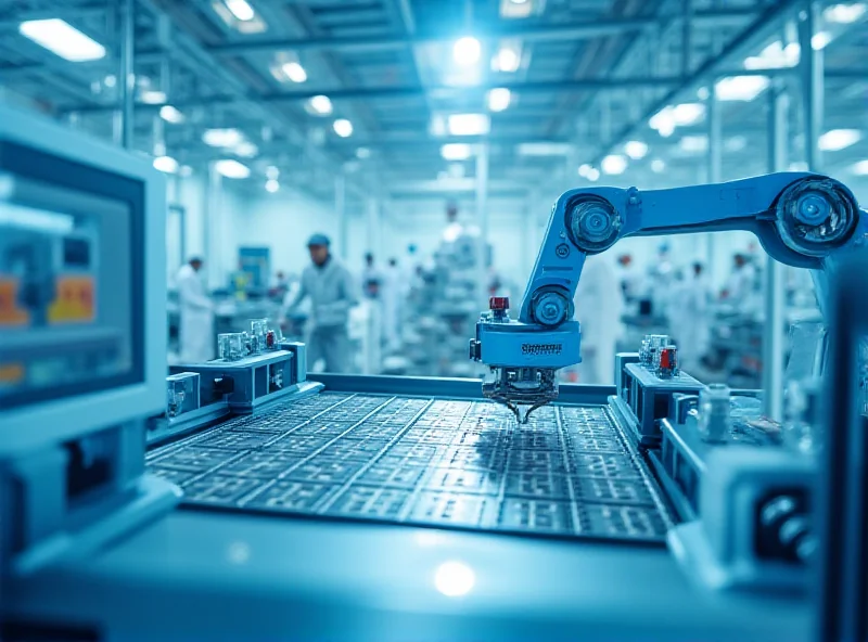 A modern chip manufacturing facility with robotic arms working on silicon wafers