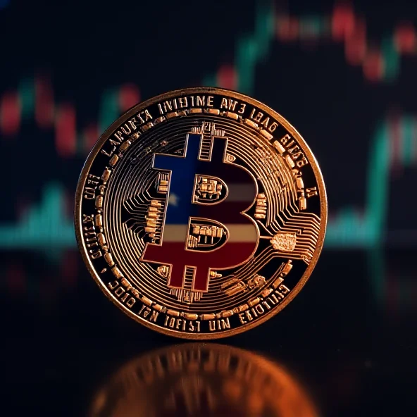 A stylized image of a Bitcoin coin with the American flag reflected on its surface