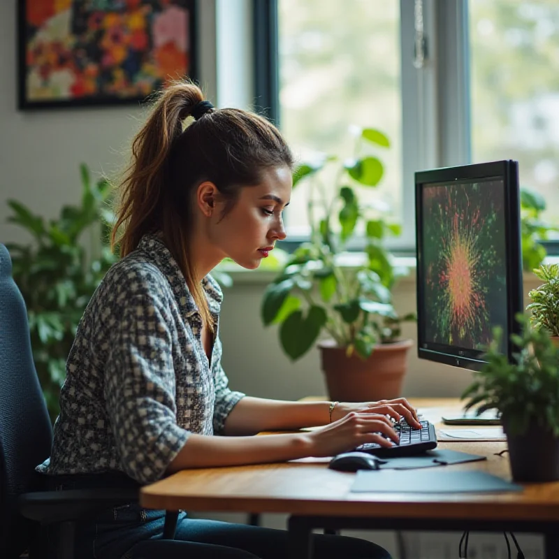 A determined female game developer working on her computer in a brightly lit office.