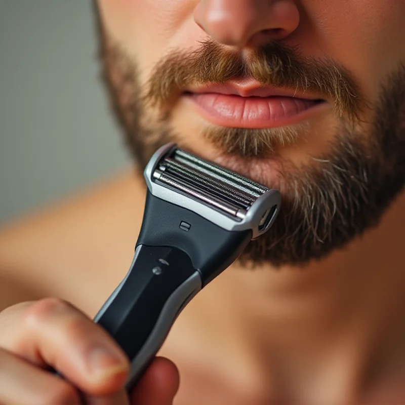 Close-up shot of an electric razor shaving