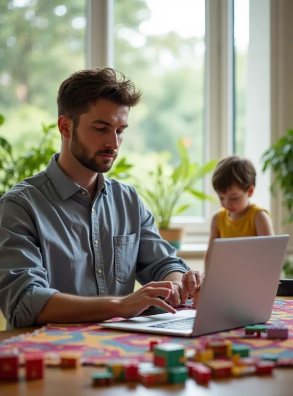 A man working from home with a child playing nearby