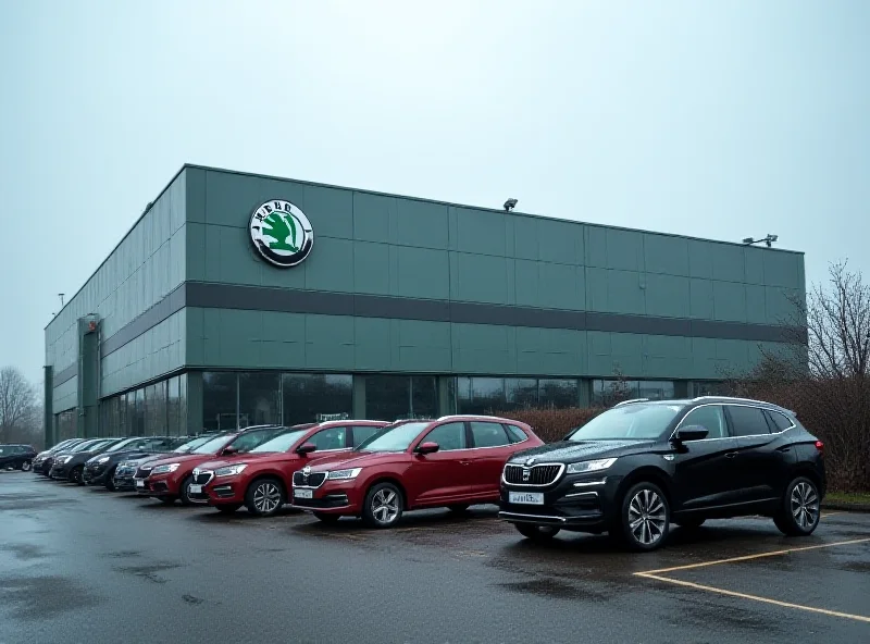 Exterior of a modern Skoda car factory with multiple completed cars visible in the foreground and the Skoda logo prominently displayed.