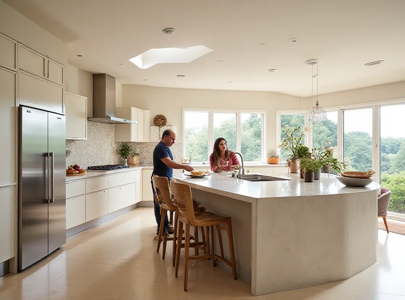 A modern, spacious kitchen with a large kitchen island. People are casually interacting around the island, suggesting a relaxed and affluent lifestyle.