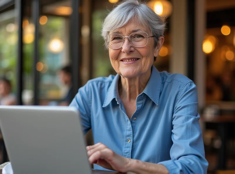 A senior woman happily working on her laptop at a cafe.