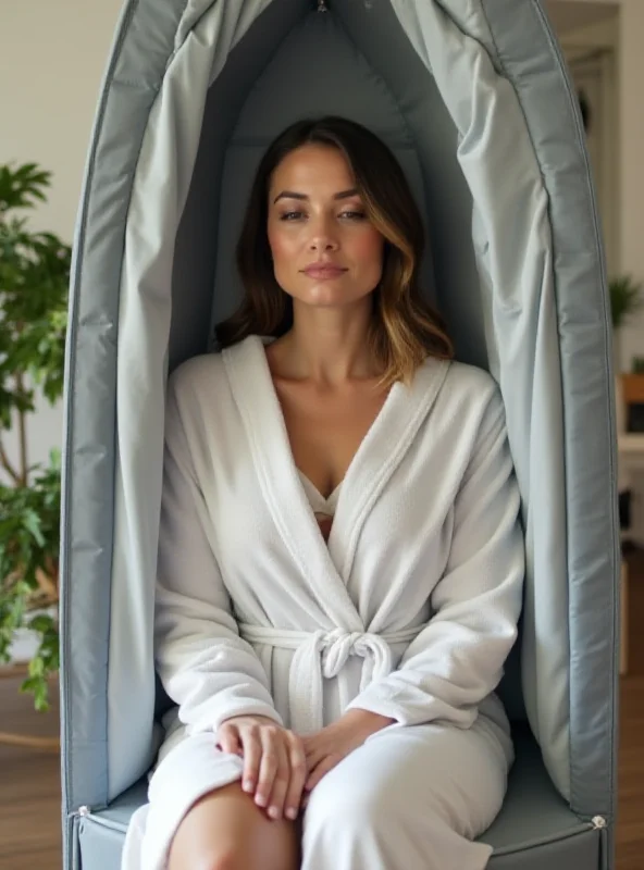 A woman relaxing inside a portable steam sauna at home.
