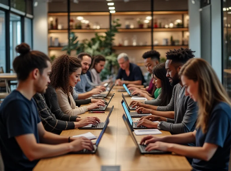 A diverse group of people working on laptops and tablets in a co-working space, symbolizing the gig economy and side hustles.