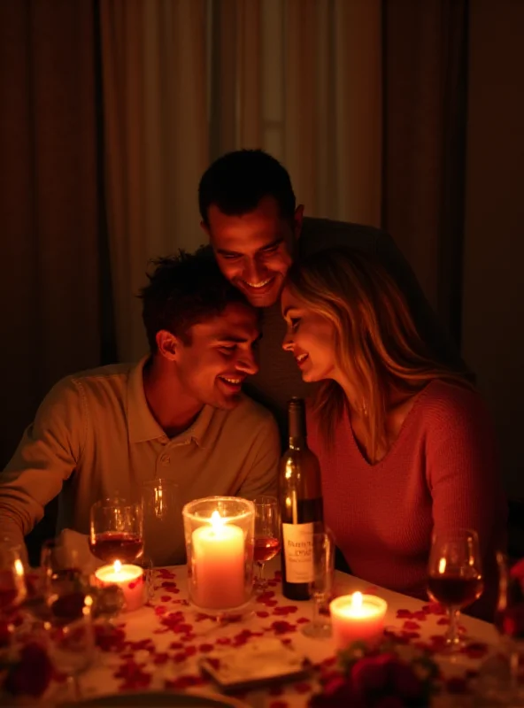 A couple celebrating Valentine's Day at home with a romantic dinner, including candles and a bottle of wine.