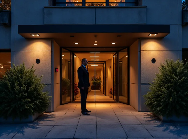 A modern office building with security cameras prominently displayed.