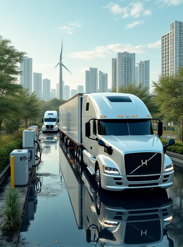 A futuristic scene of heavy-duty electric trucks charging at a megawatt charging station.