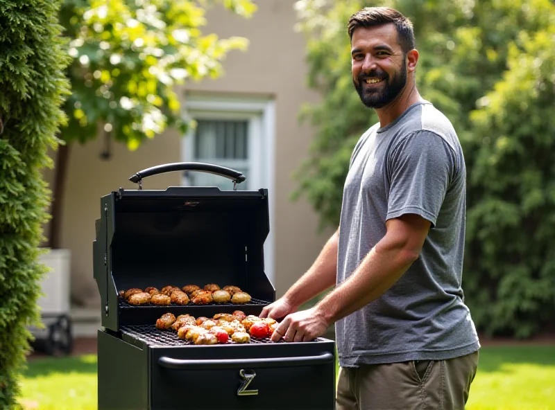 A person smiling and grilling food on a Z Grills pellet grill in a backyard setting.
