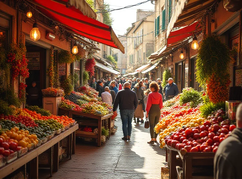 A crowded Italian marketplace with vendors selling fresh produce and shoppers browsing the stalls.