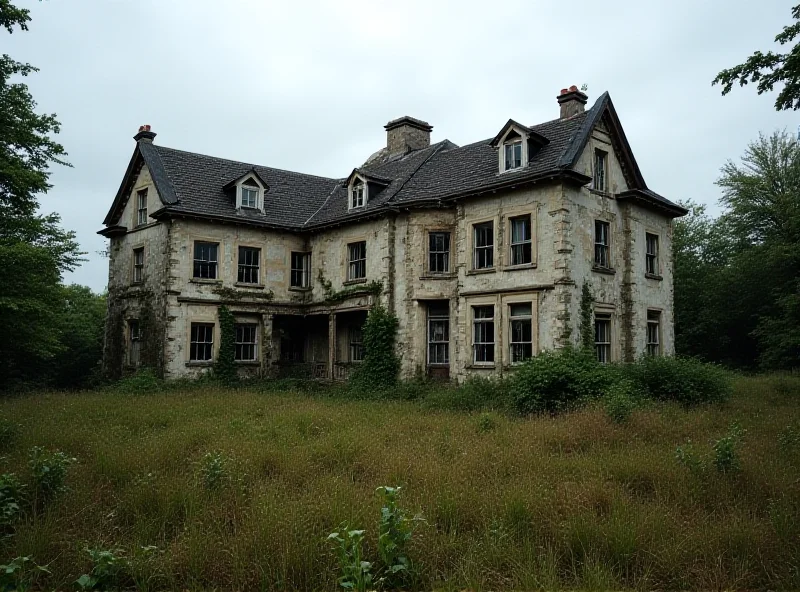 Exterior shot of a dilapidated stately home with overgrown grounds.