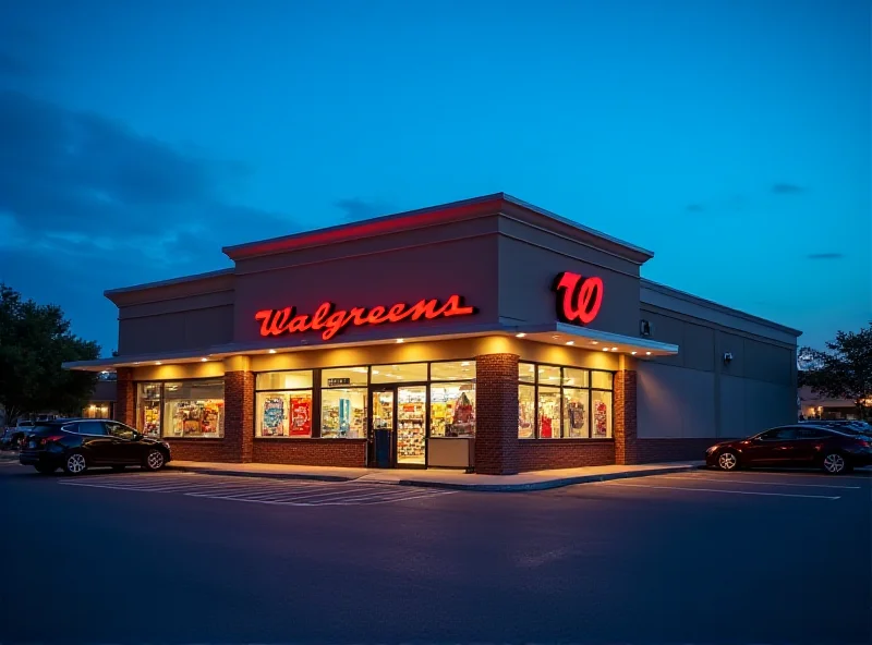 Exterior of a Walgreens store at dusk