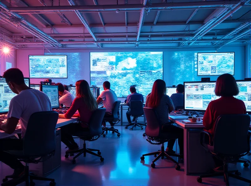 A vibrant and modern office space filled with people collaborating on digital media projects. The atmosphere is energetic and creative, with large screens displaying interactive graphics and virtual reality simulations.