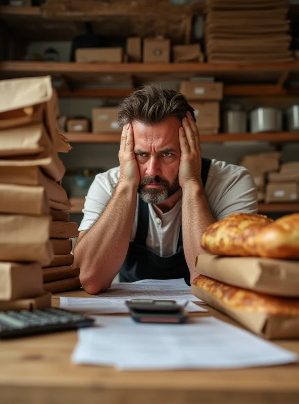 A baker looking worriedly at the stack of packaging materials, with a calculator and a tax form in the background, symbolizing the new tax burden.