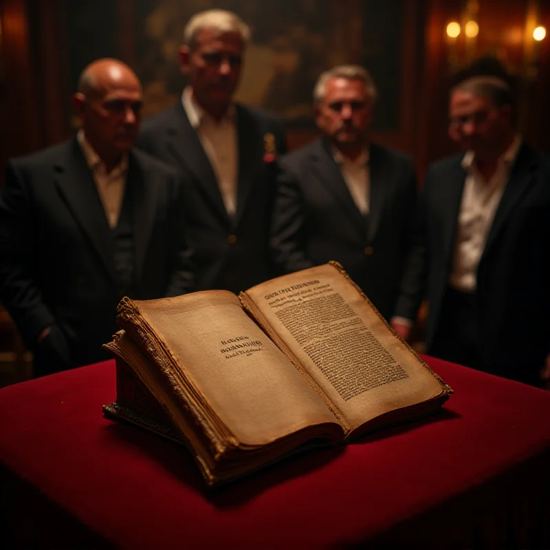 An old, leather-bound book, presumably Napoleon Bonaparte's Civil Code, displayed on a velvet cushion under a spotlight, surrounded by auctioneers and potential buyers.