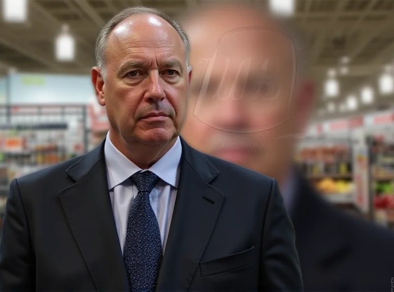 A stern-looking executive standing in front of a Kroger store.