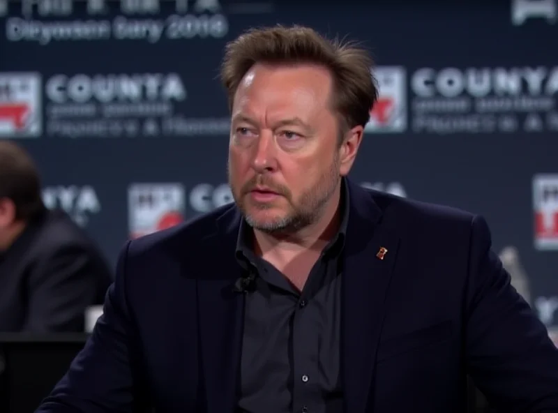 Elon Musk looking concerned while speaking at a conference.