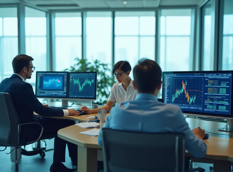A group of analysts in a modern office setting, reviewing financial data on multiple screens.