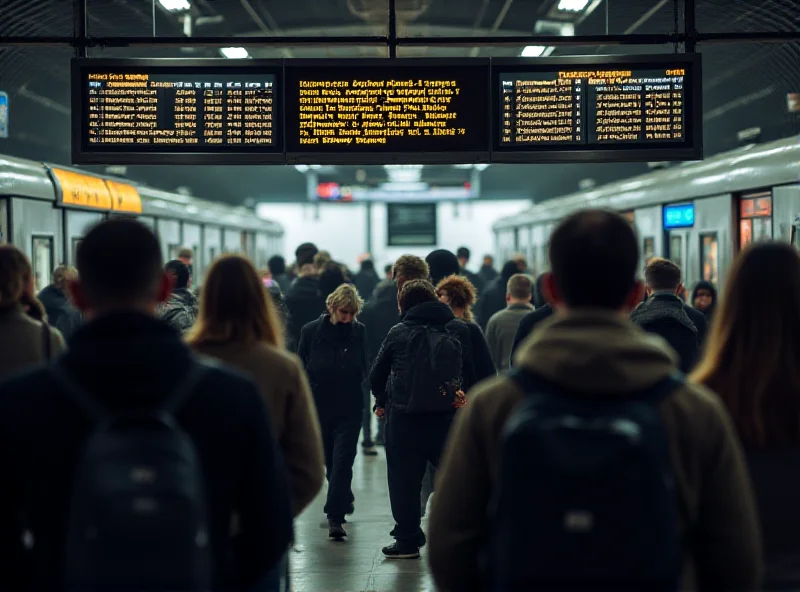 A crowded train station platform with digital displays showing train schedules and potential delays.