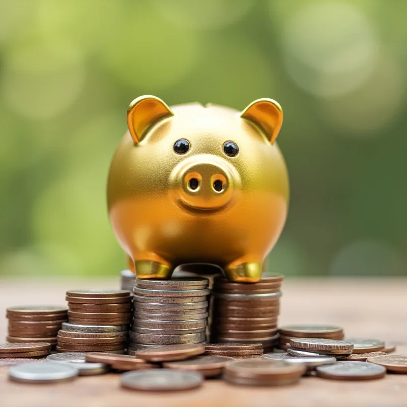 A golden piggy bank sitting on top of a stack of coins, symbolizing savings and financial security.