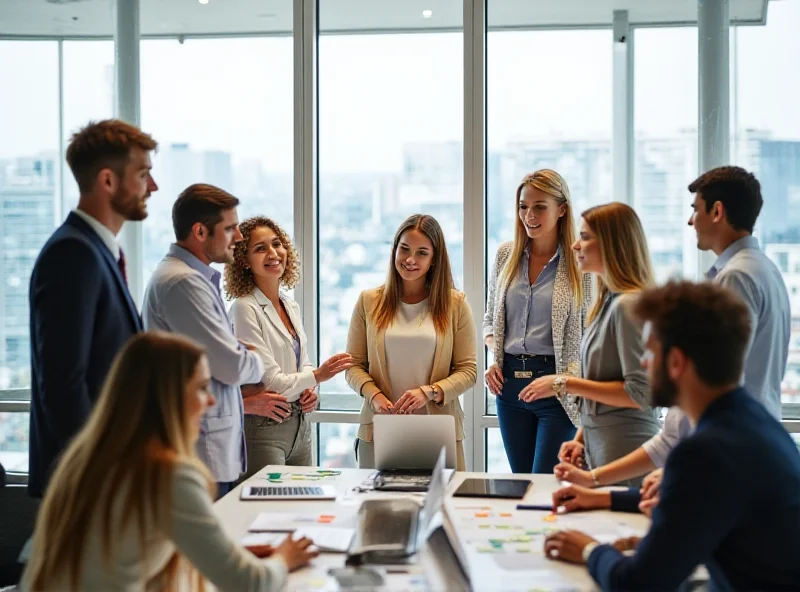 A diverse group of professionals collaborating in a modern office setting