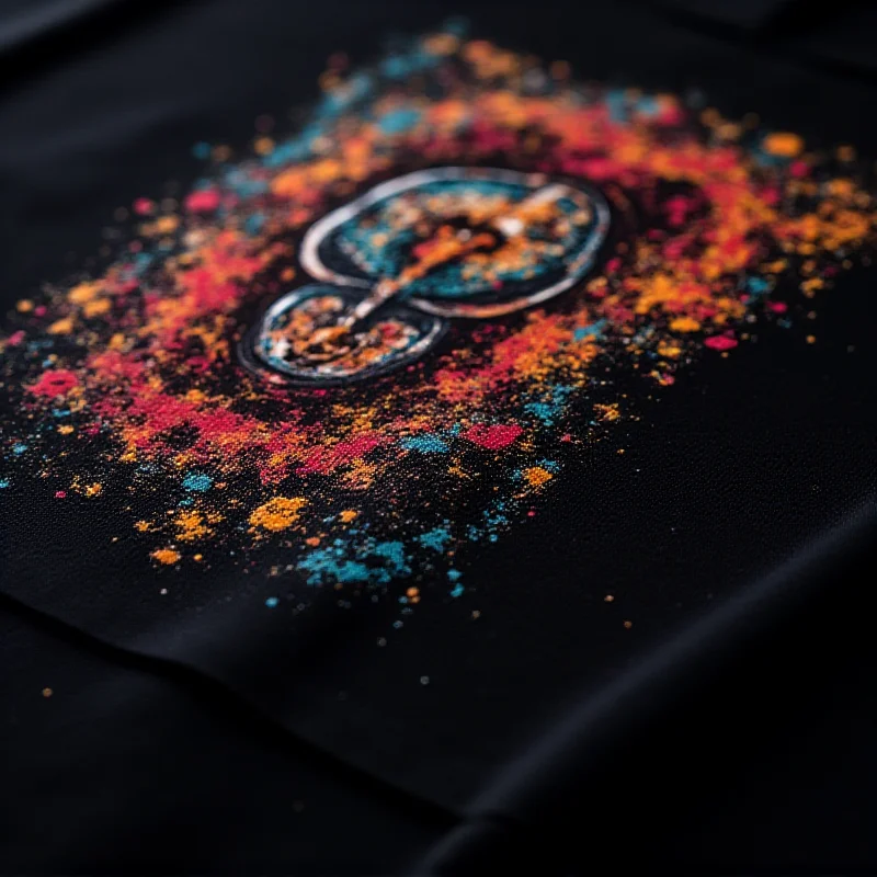 Close-up of a vibrant DTF transfer design on a dark t-shirt, showcasing the detail and color accuracy.