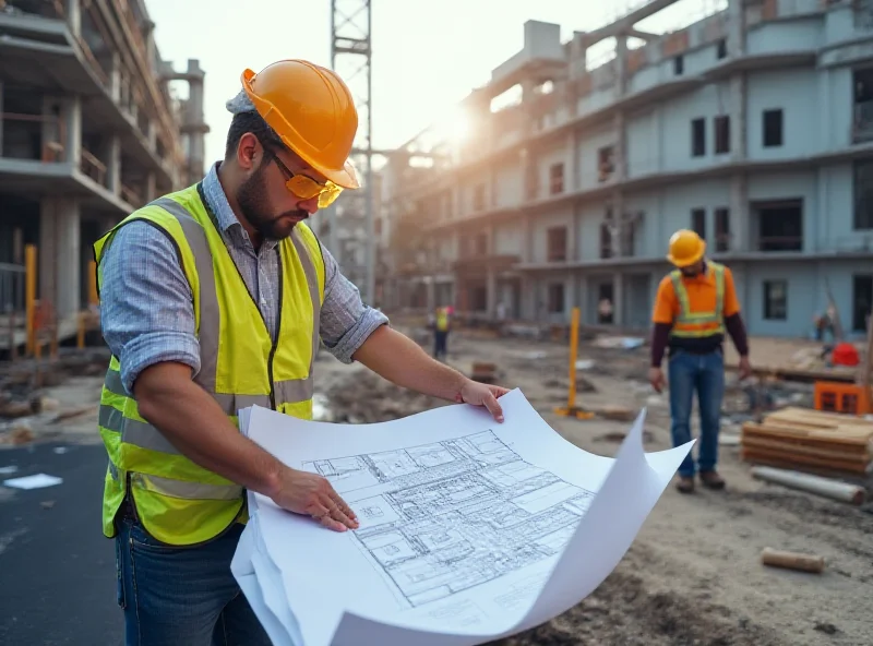 Architectural blueprint being reviewed by a construction manager on a construction site.