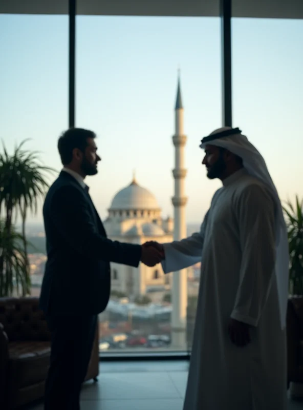 A businessman shaking hands with a local partner in a Middle Eastern country during Ramadan, with a mosque visible in the background.