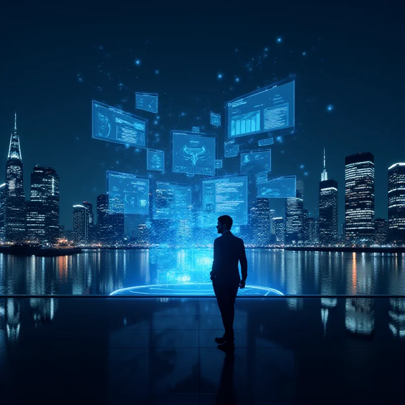 A futuristic cityscape with holographic displays showcasing marketing analytics and data streams, symbolizing the evolution of marketing tools.