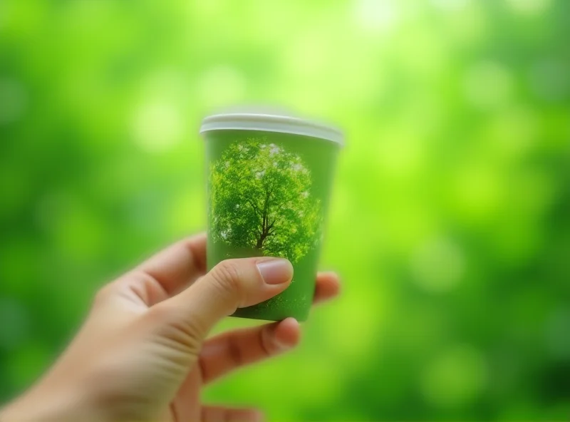 Close up of a hand holding a recyclable paper cup, with a blurred background showing a lush green forest, representing sustainability and environmental consciousness.
